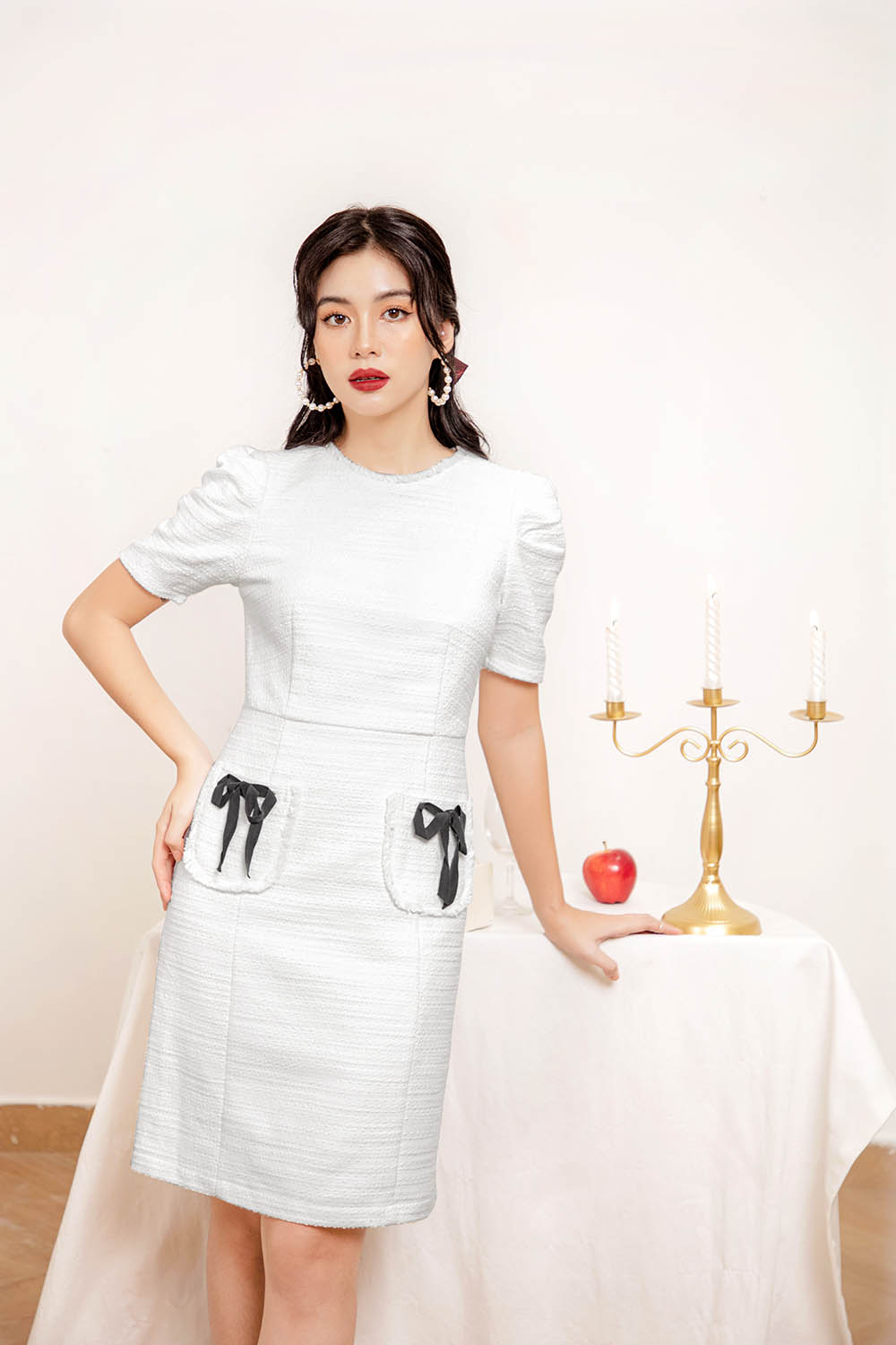 Đầm chữ A cổ tròn hai túi phối nơ HL14-08