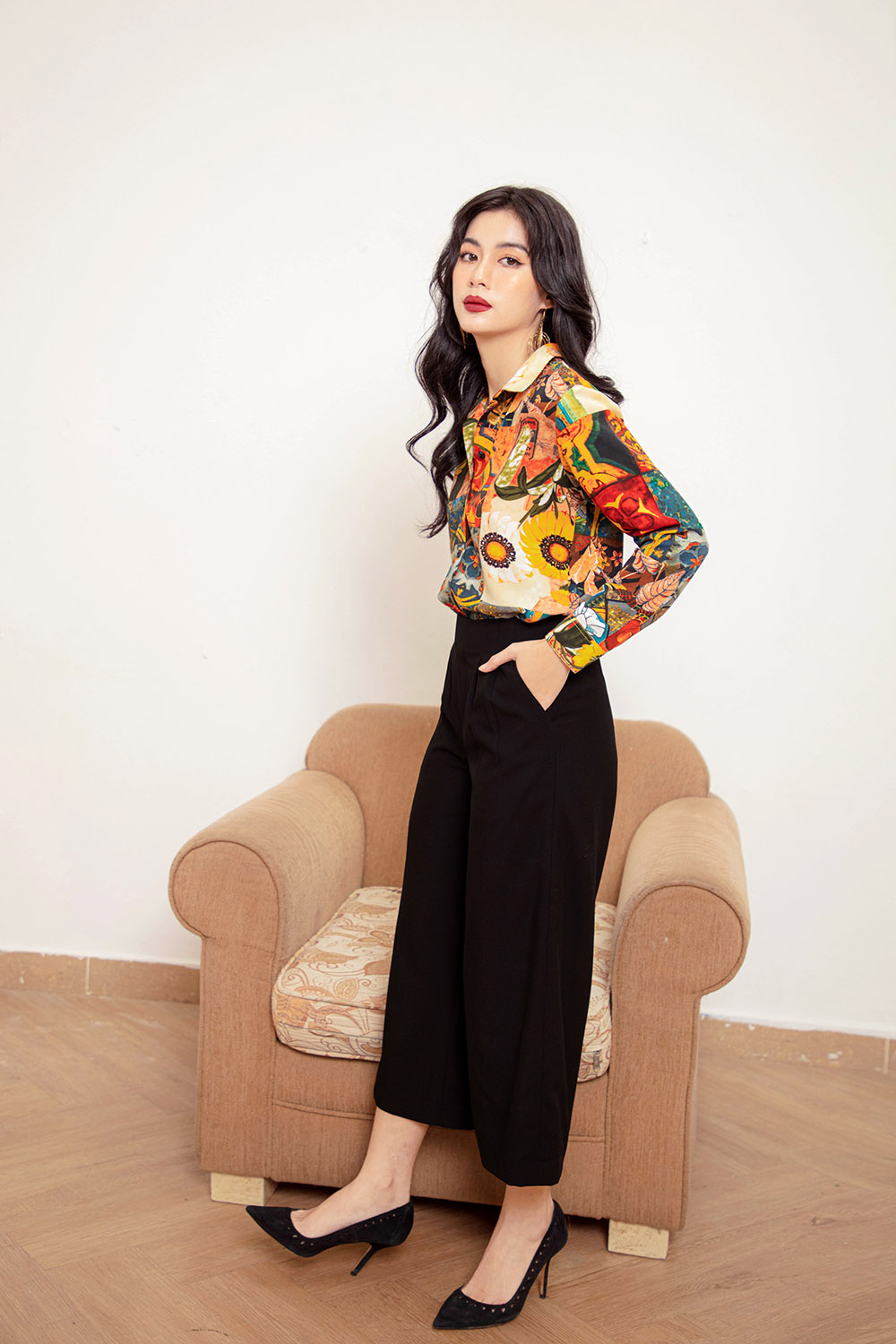 Quần culottes đen dáng lửng 