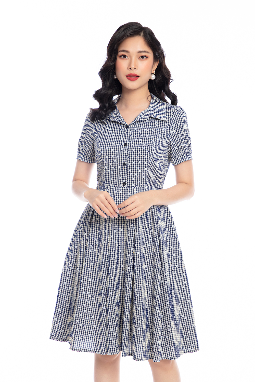 Đầm xòe caro gingham phối hoa 