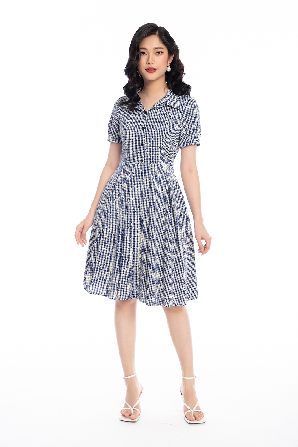 Đầm xòe caro gingham phối hoa 