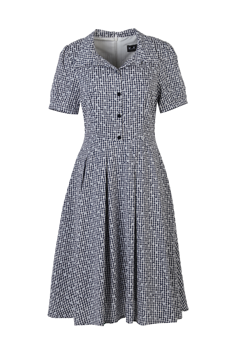 Đầm xòe caro gingham phối hoa 