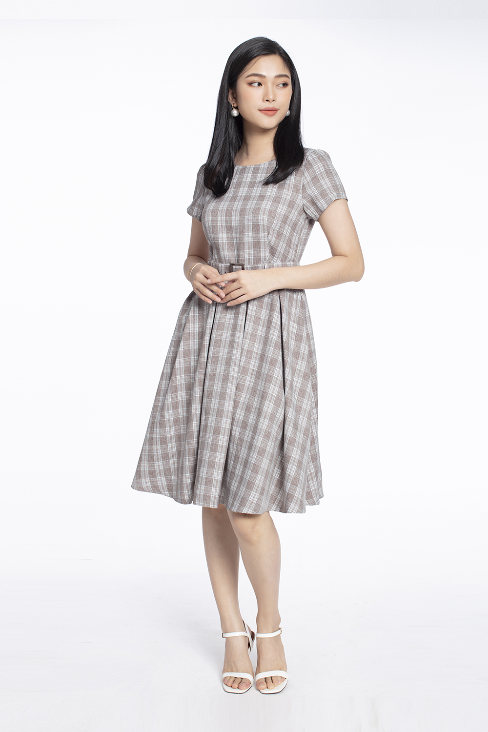 Đầm xòe caro phối thắt lưng 