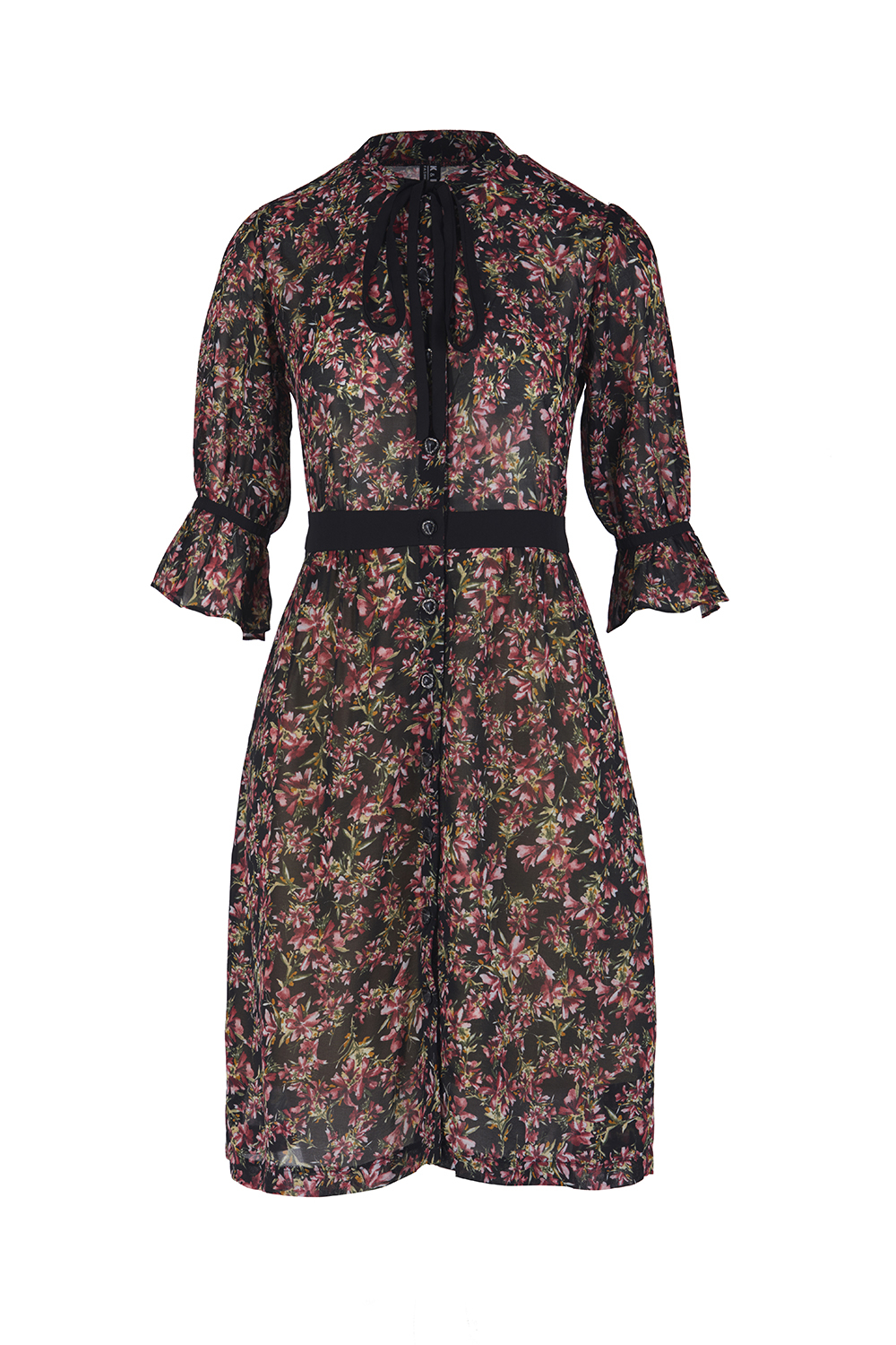 Đầm voan hoa nhấn eo tay lỡ 