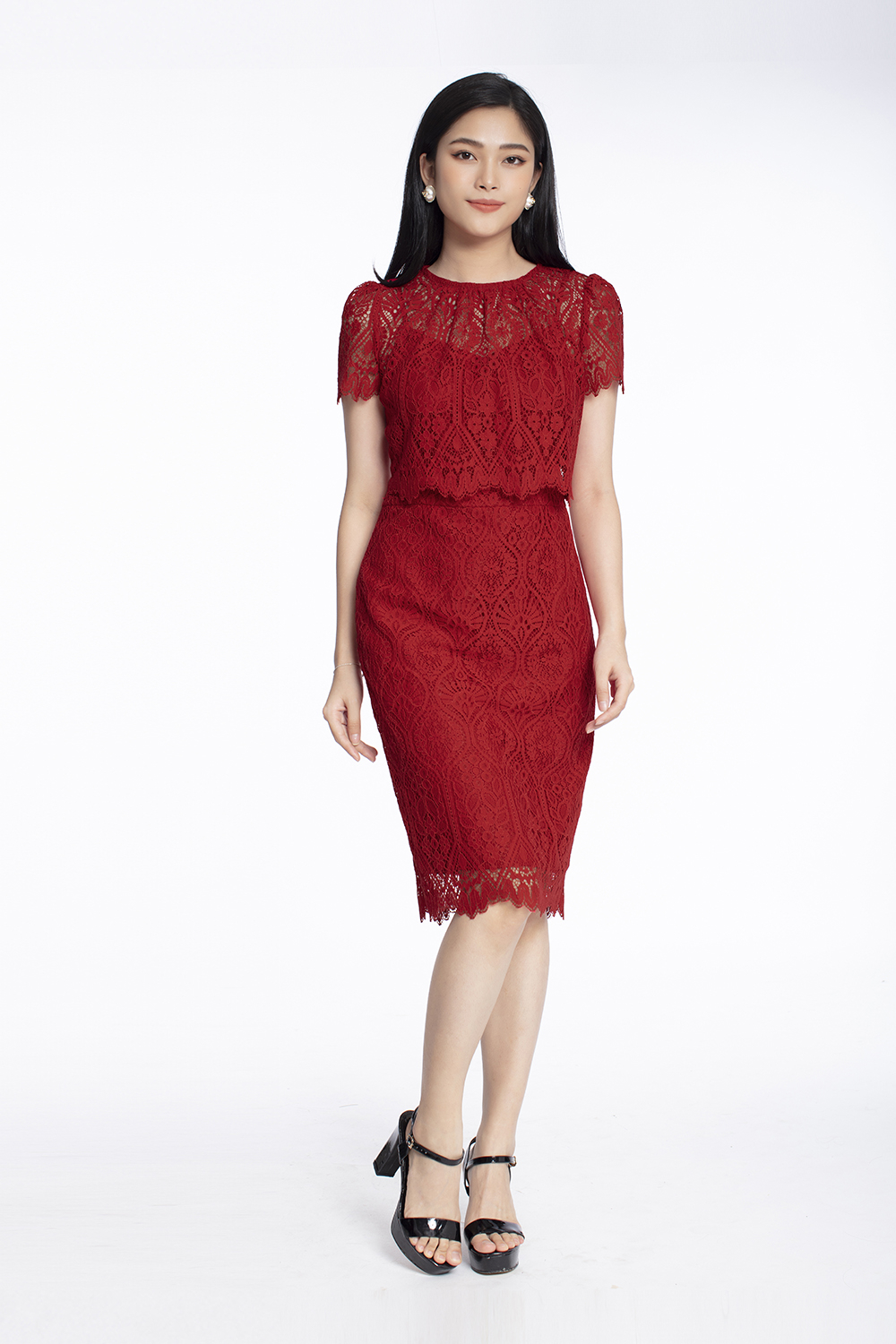 Váy nhung đỏ phối ren dáng xếp ly V4258 - Thời Trang Tadi