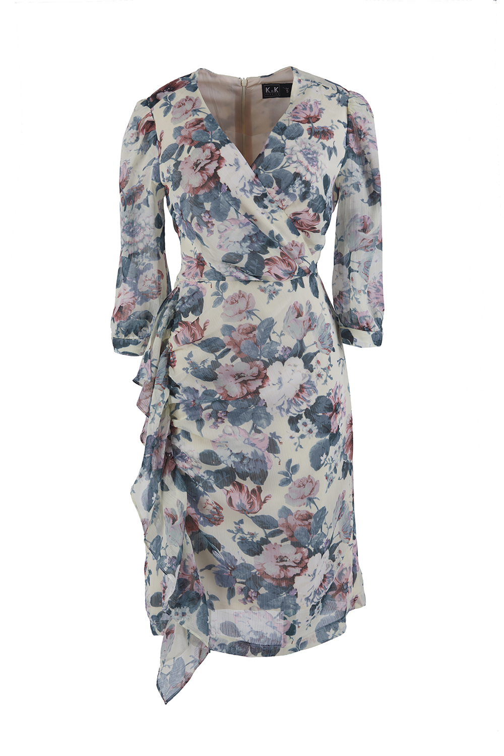 Đầm voan hoa viền bèo cổ V 