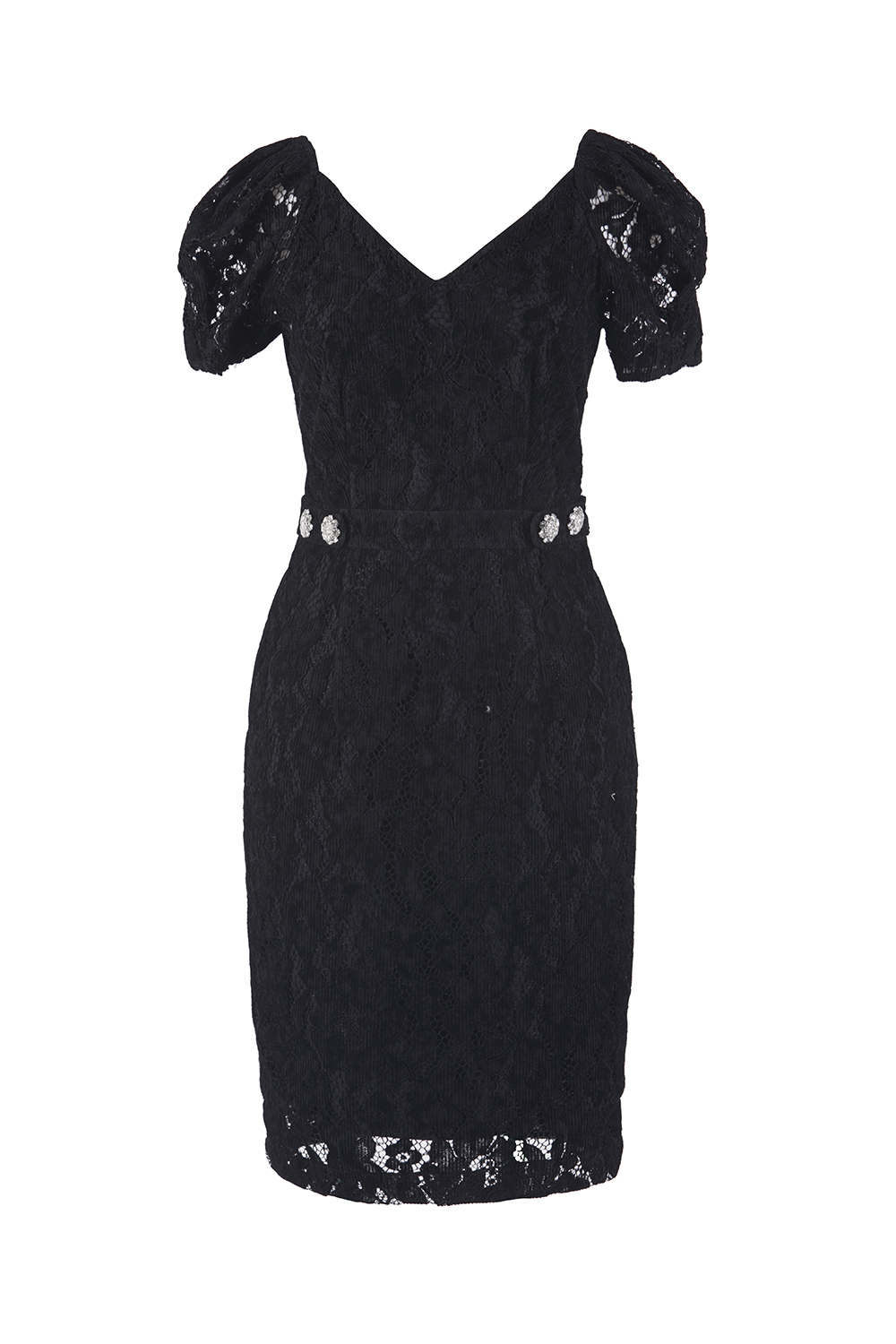 Đầm ren đen cổ V eo đính nút 