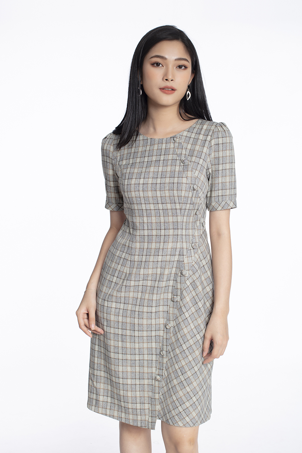 Đầm Caro Dáng Chữ A Phối Nút Kk102-34 | Thời Trang Công Sở K&K Fashion