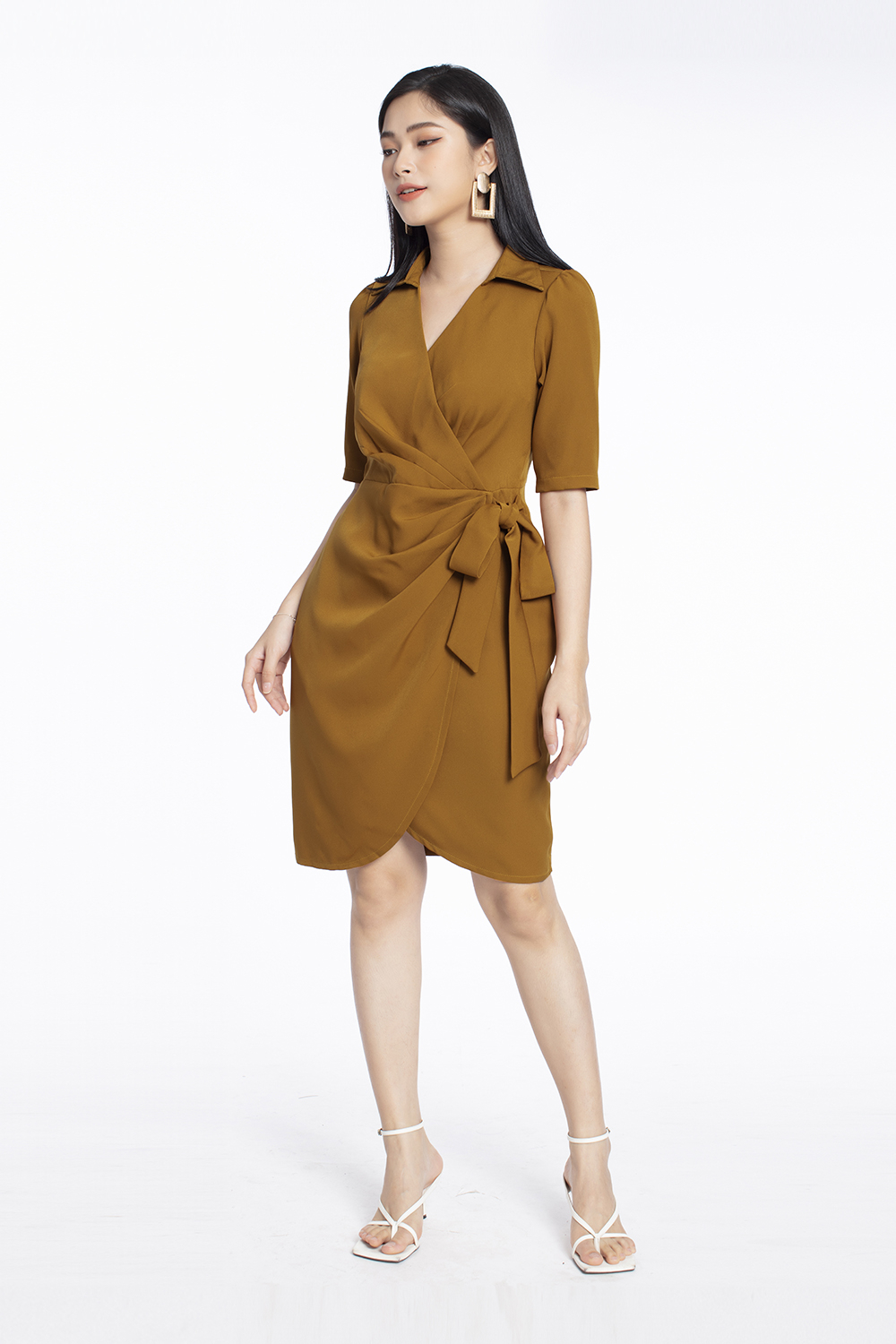 Đầm wrap dress phối nơ eo 