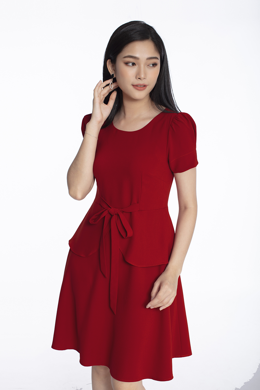 Đầm peplum dáng xòe phối nơ eo 