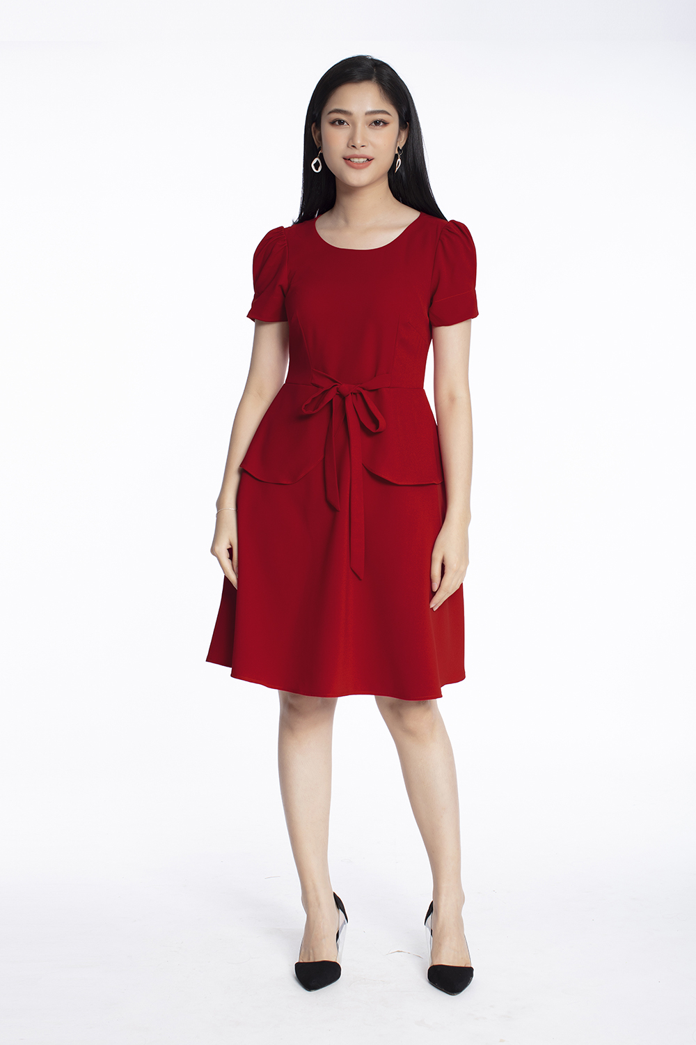 Đầm peplum dáng xòe phối nơ eo 