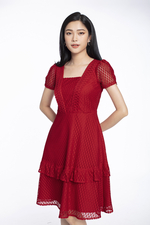 Đầm đỏ dáng xòe tùng váy viền bèo 