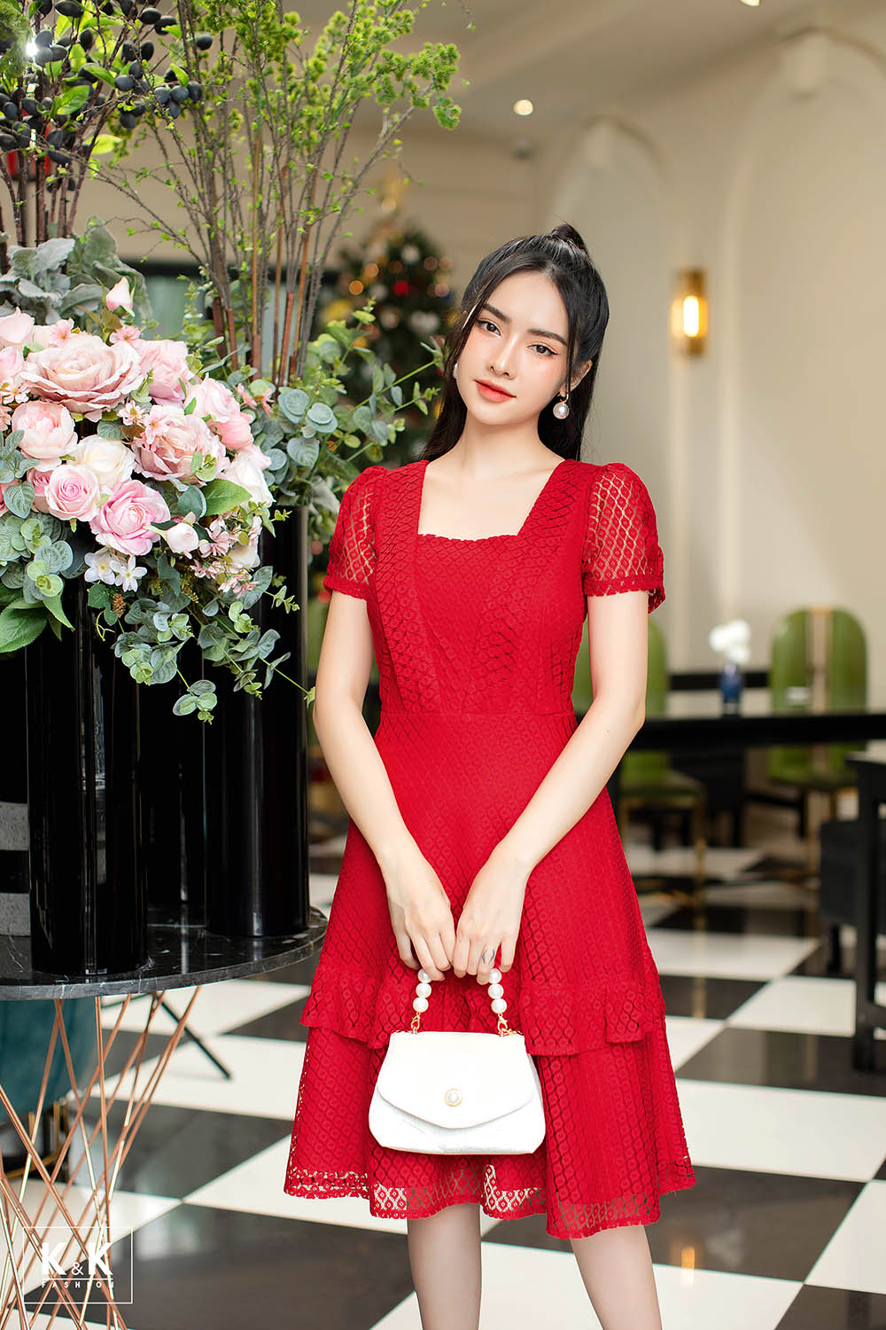 Đầm đỏ dáng xòe tùng váy viền bèo KK103-35
