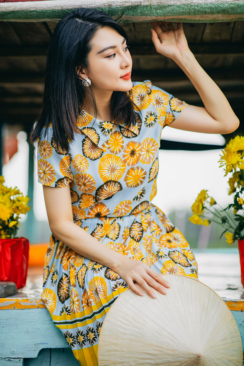 Váy hoa vàng chân dập ly V2369 - DOLCE VIVA COLLECTION Mydu Design [kèm ảnh  thật] - Thời trang thiết kế Mydu