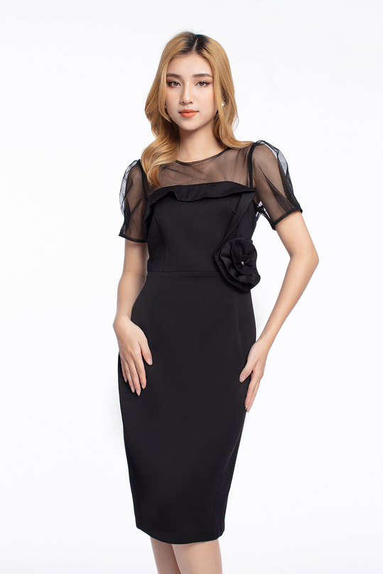 Đầm đen body tay ngắn phối voan - Bán sỉ thời trang mỹ phẩm