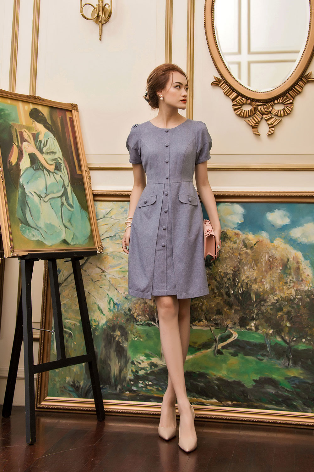 Đầm chữ A tùng xẻ tà phối nút 