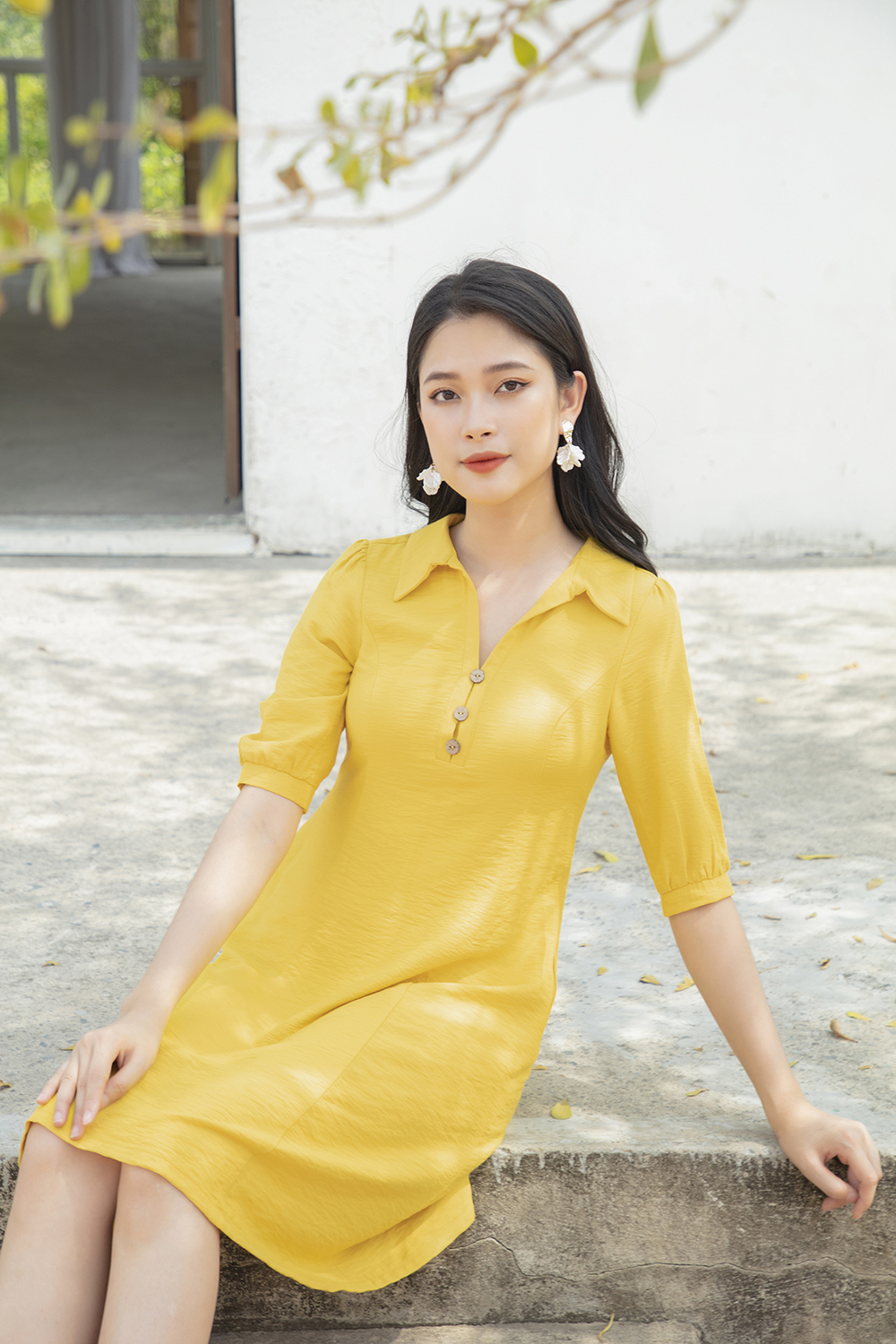 Đầm xòe tay lỡ cổ sơ mi đính nút 