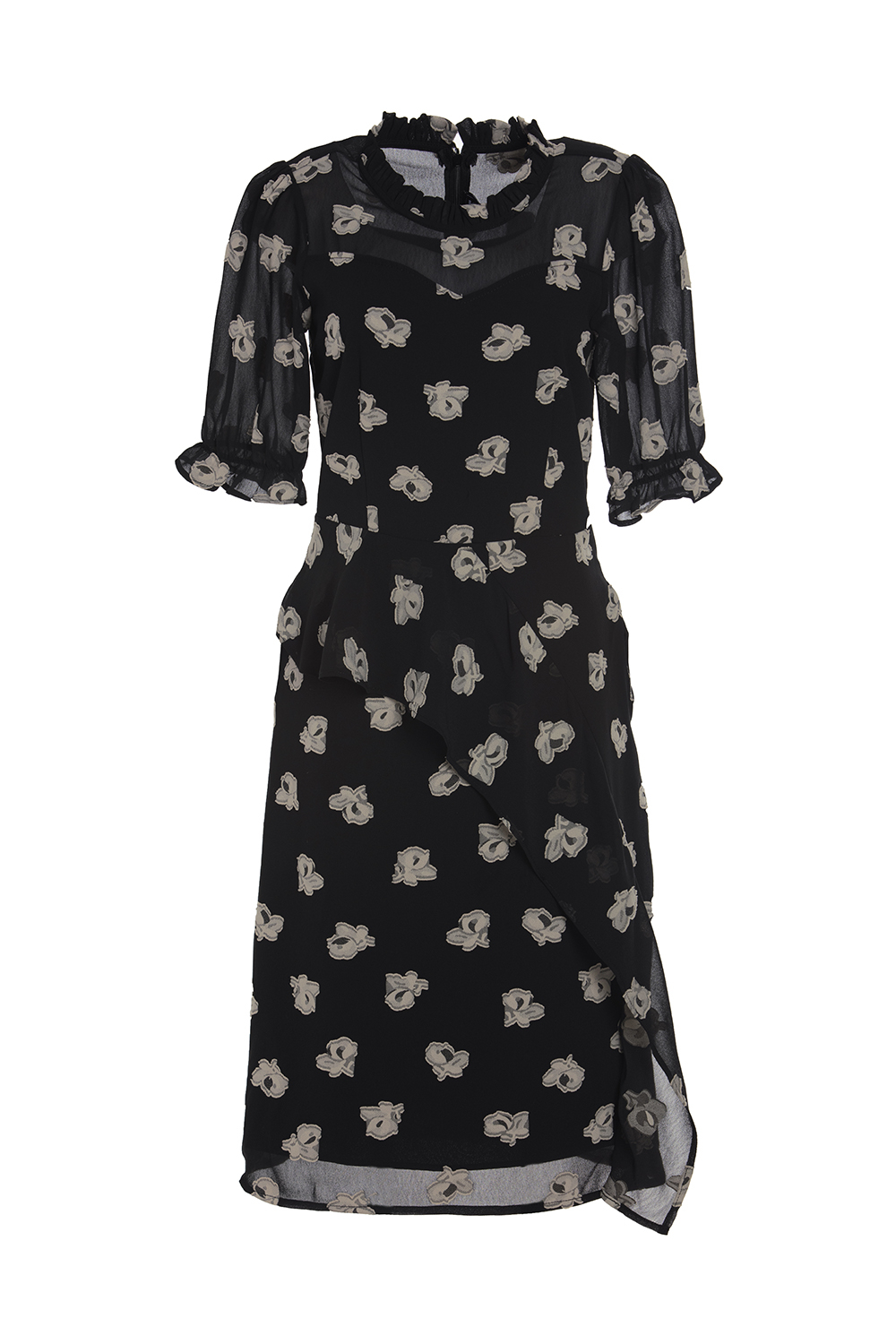 Đầm chữ A họa tiết tay lỡ viền bèo 