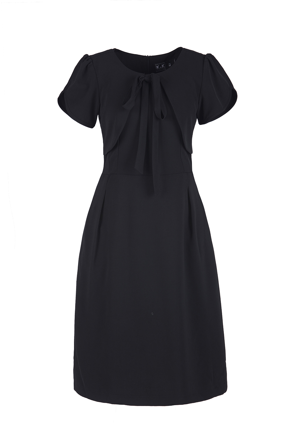 Đầm đen chữ A tay ngắn cổ tròn phối nơ 