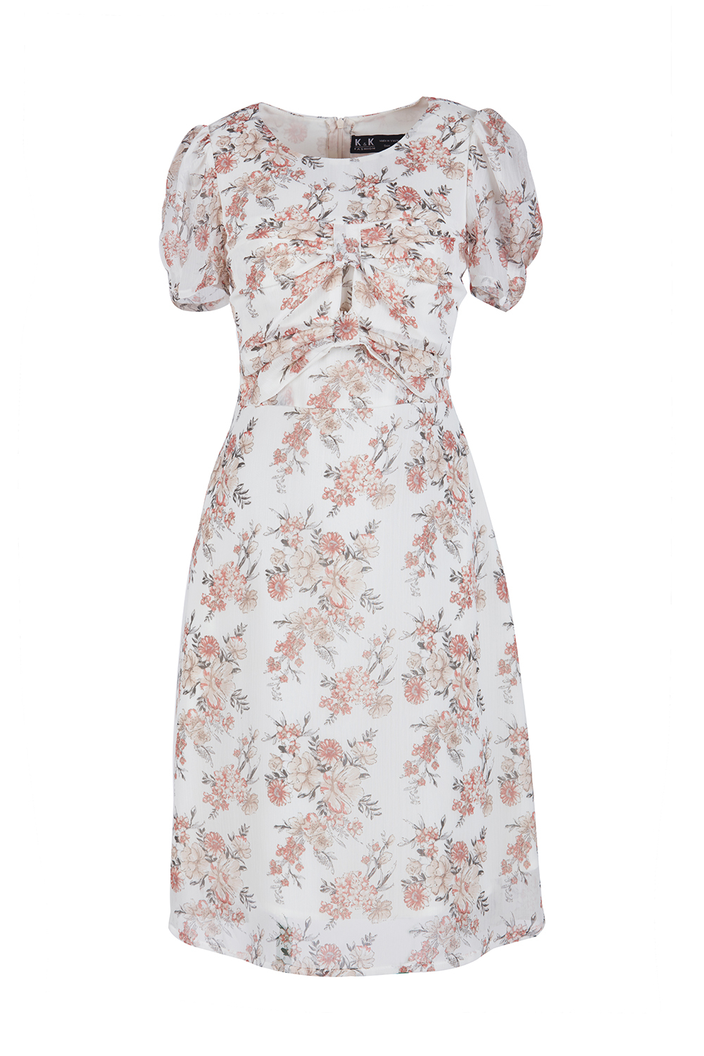 Đầm voan hoa xòe phối nơ ngực 