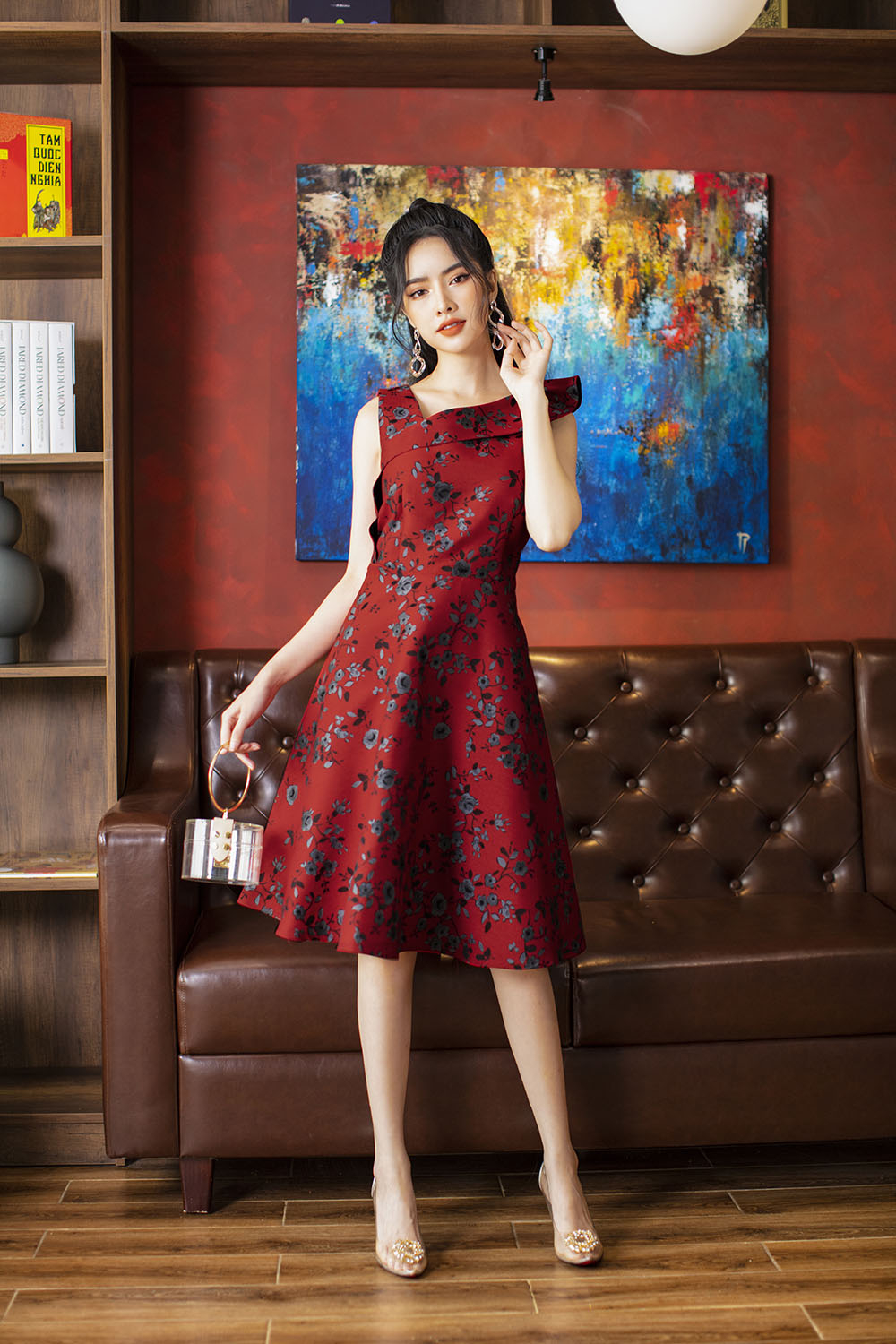 Đầm dự tiệc họa tiết hoa dáng xòe 