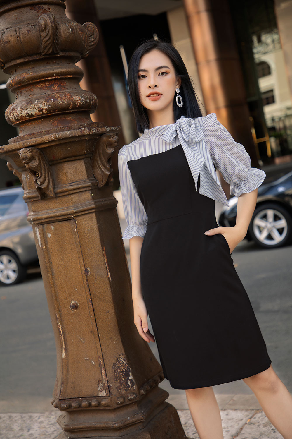 Đầm chữ A tay lỡ phối nơ 