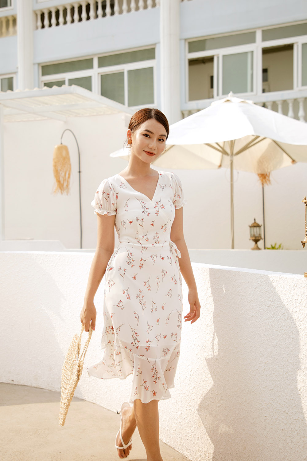 Đầm hoa chữ A tùng nhún bèo 