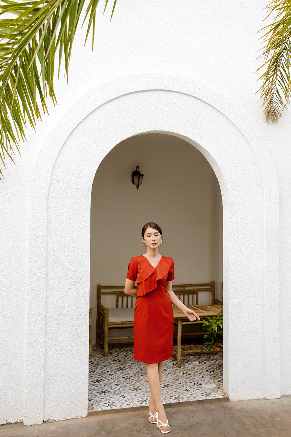 Đầm chữ A cổ V phối bèo nhún 