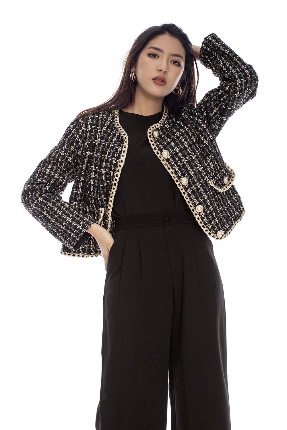 Áo khoác tweed phối hai túi tay dài 