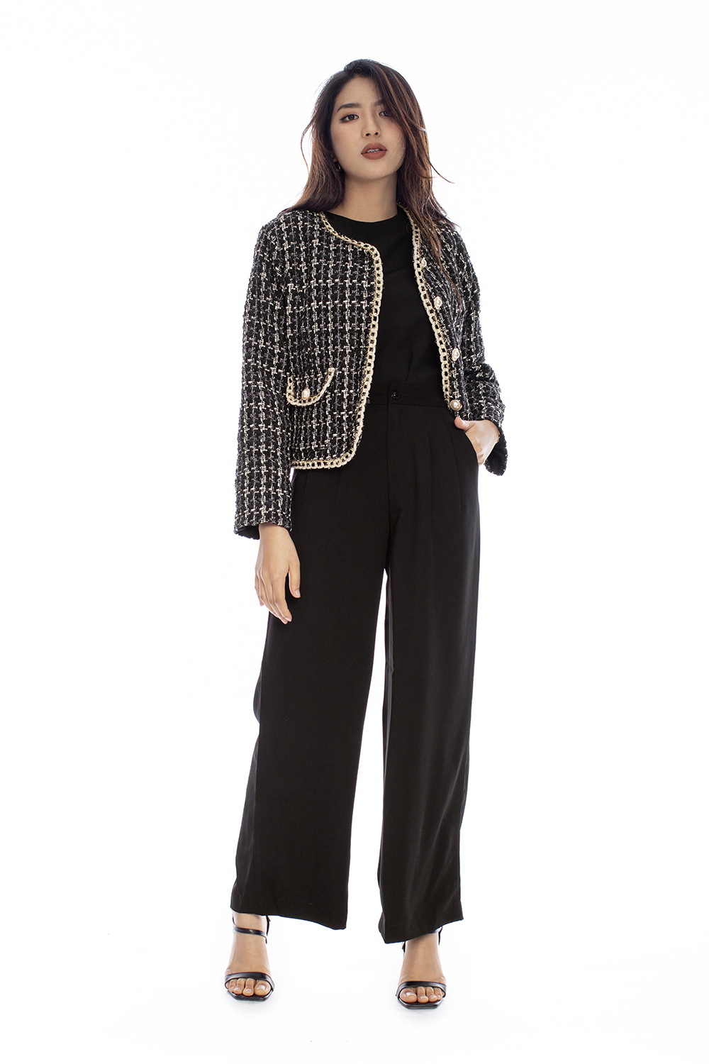 Áo khoác tweed phối hai túi tay dài 