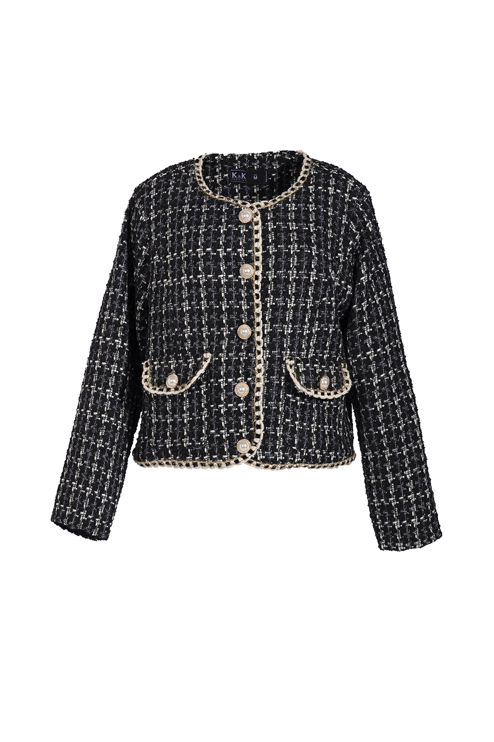 Áo khoác tweed phối hai túi tay dài 