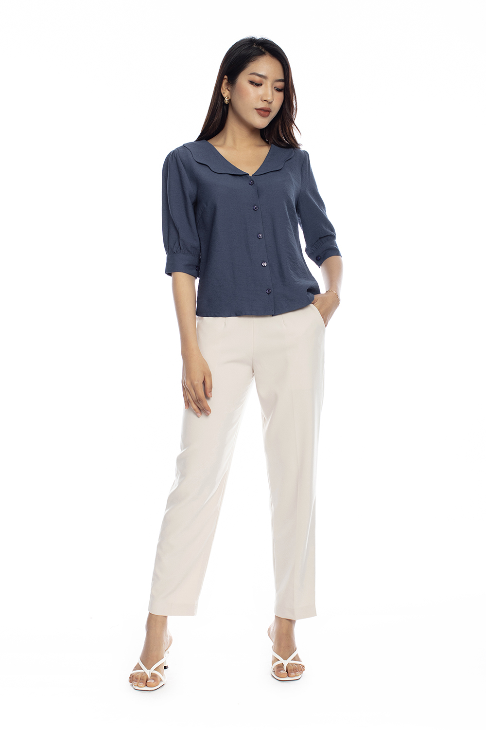 Áo sơ mi cổ sen tay lỡ 