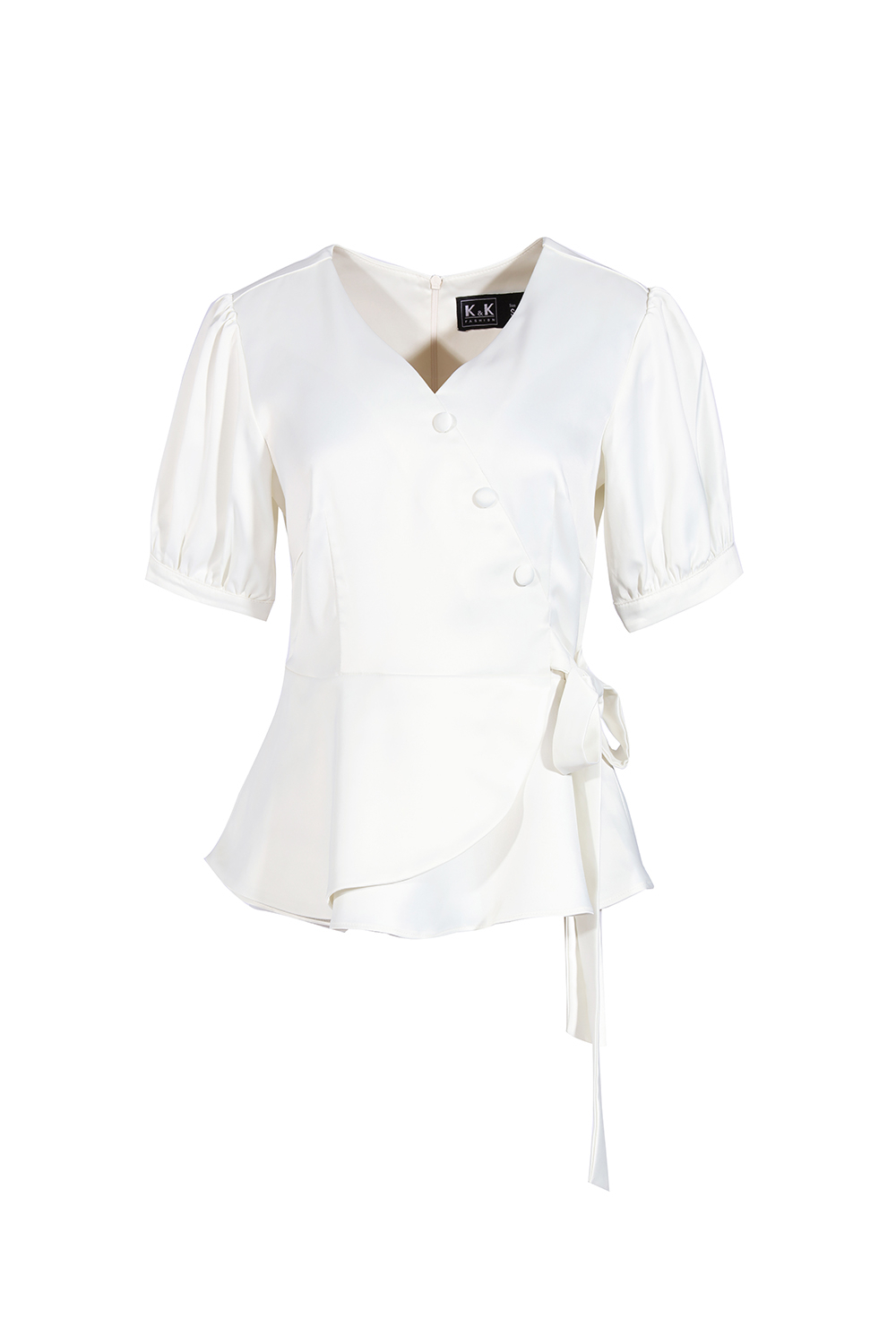 Áo peplum trắng cổ V phối nơ eo 