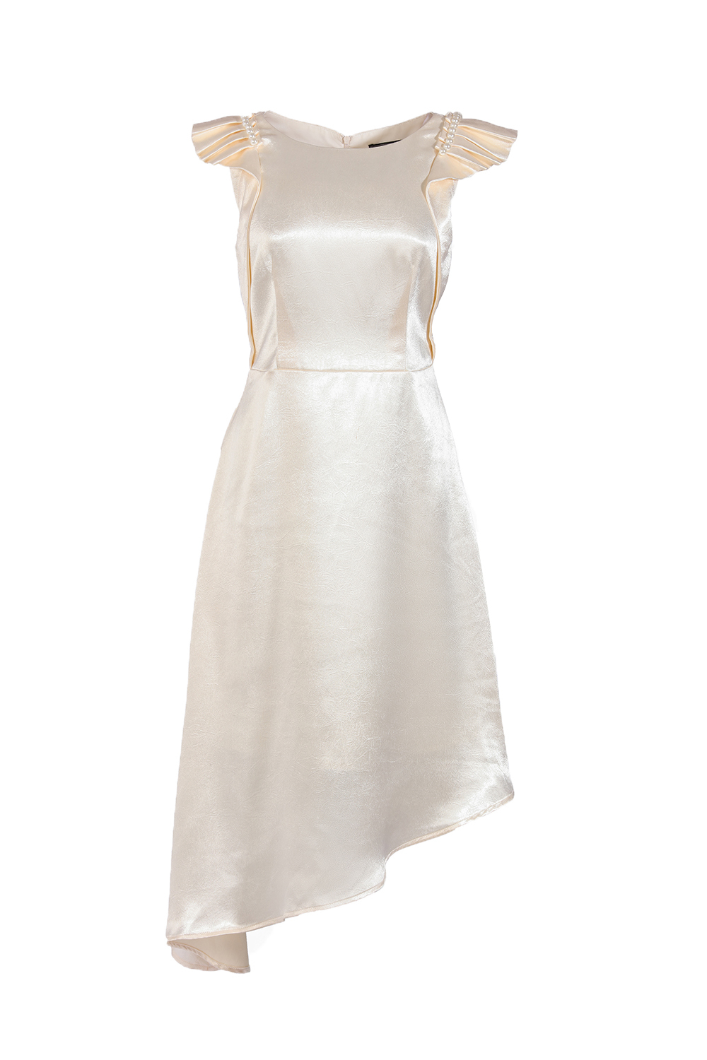 Đầm dự tiệc tùng xéo vai đính ngọc trai bèo xếp ly 