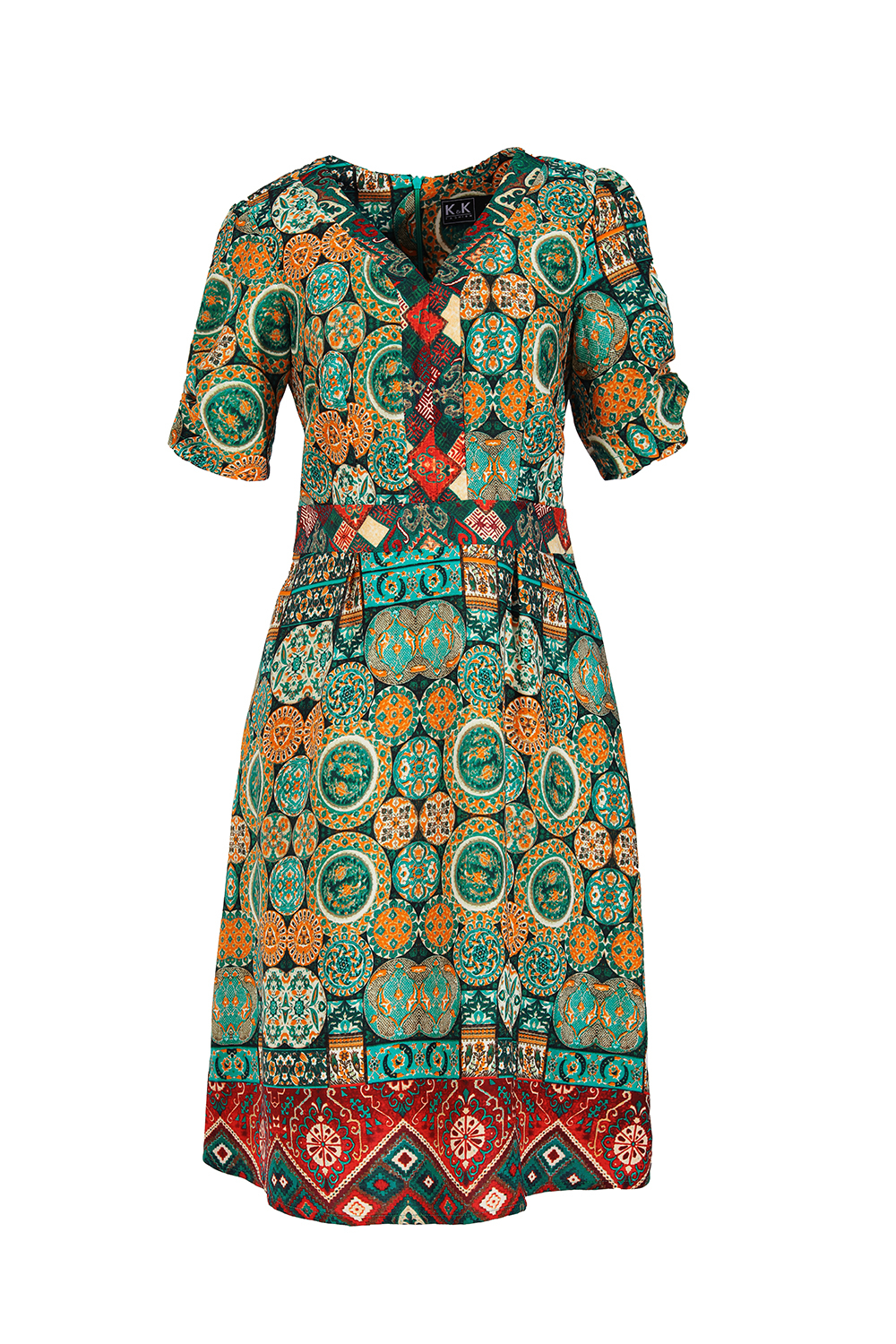 Đầm xòe họa tiết tay lửng cổ tim 