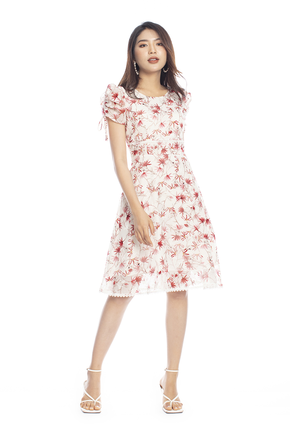 Đầm hoa voan dáng xòe phối ren 