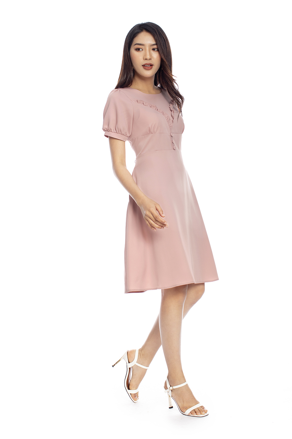 Đầm xòe tay ngắn phối bèo ngực 