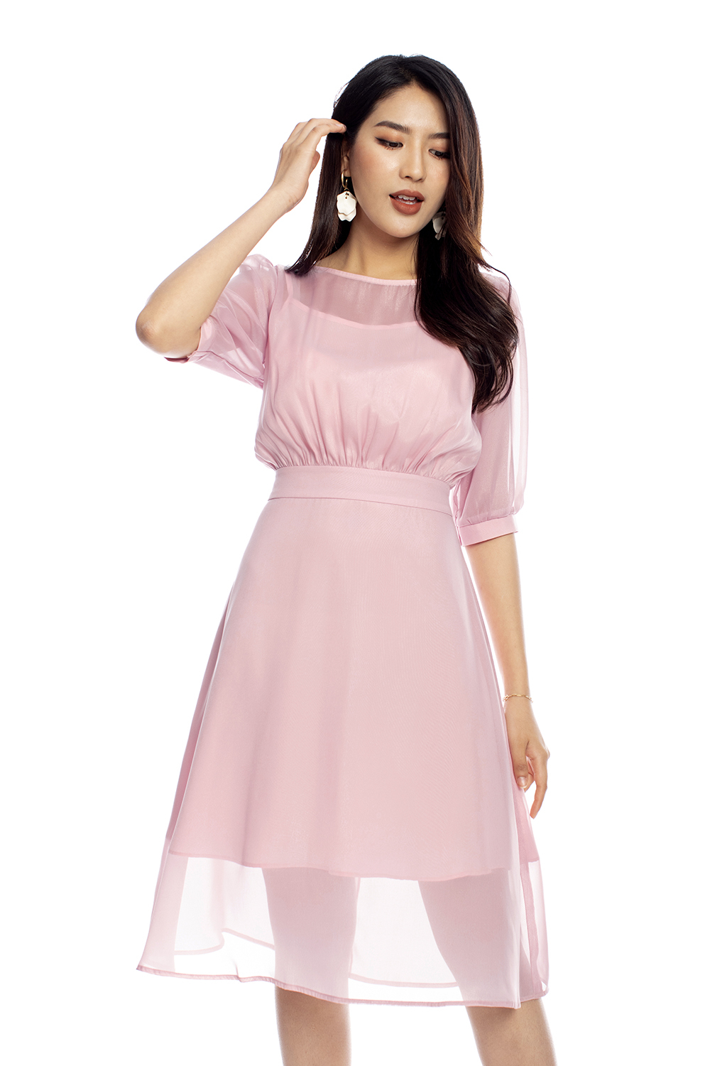 Đầm tơ ánh kim dáng xòe tay lỡ 