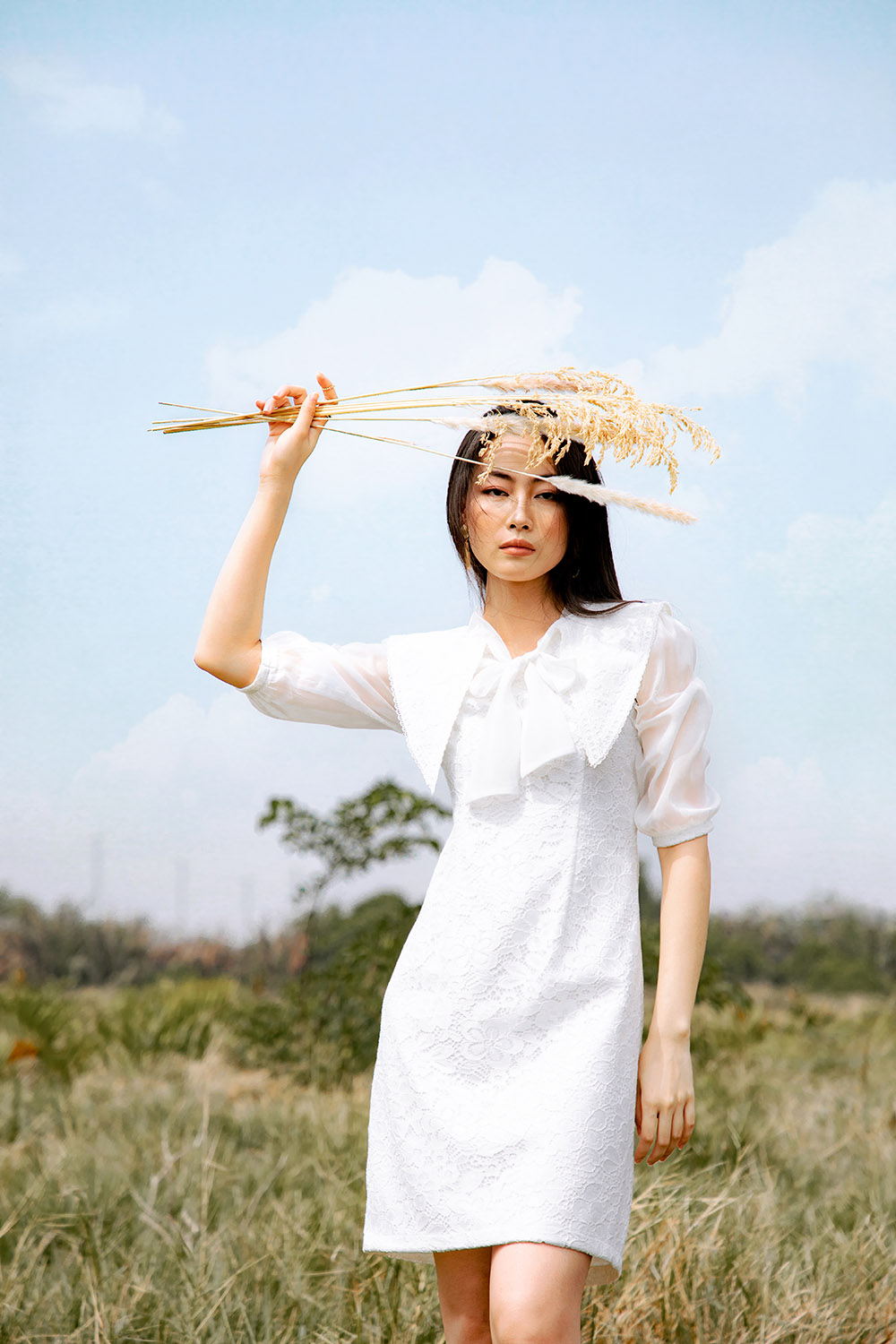 Đầm ren tay lỡ phối voan cổ thắt nơ 