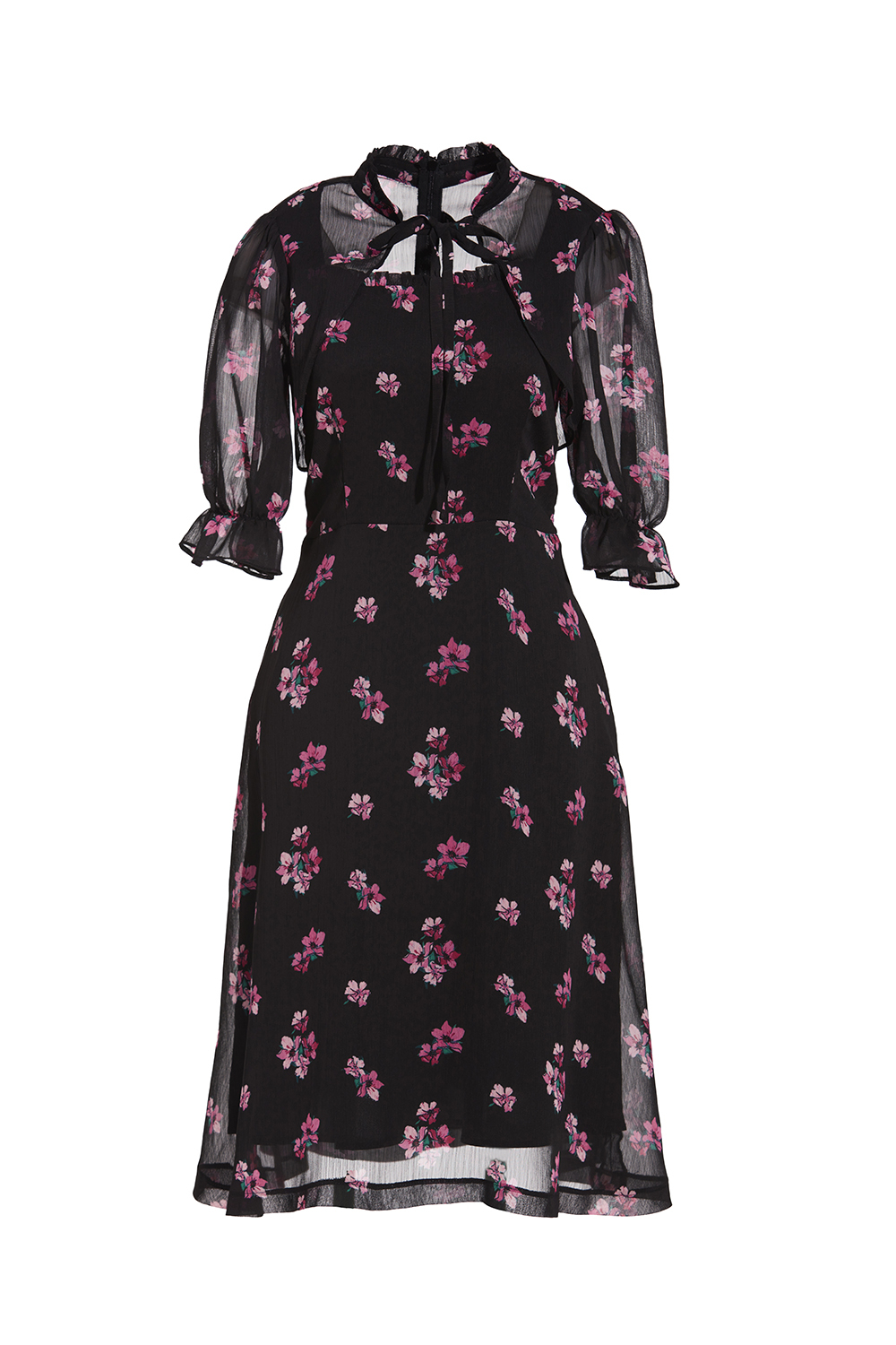 Đầm voan hoa cổ trụ cut out tay lỡ 