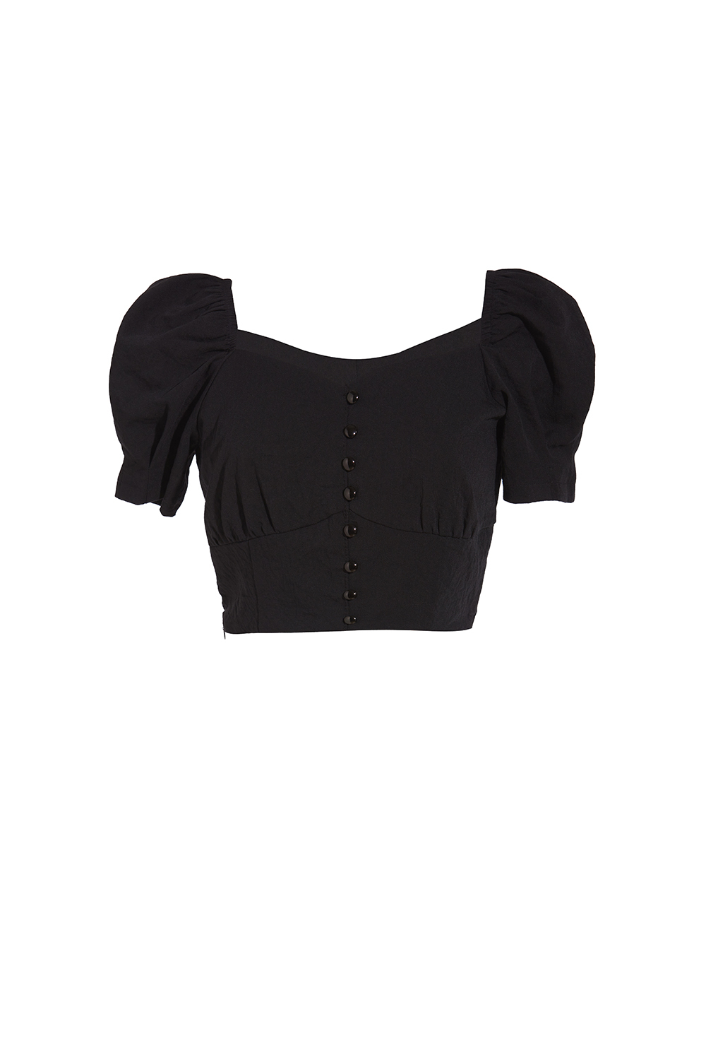 Áo croptop đen tay phồng cổ vuông phối nút 