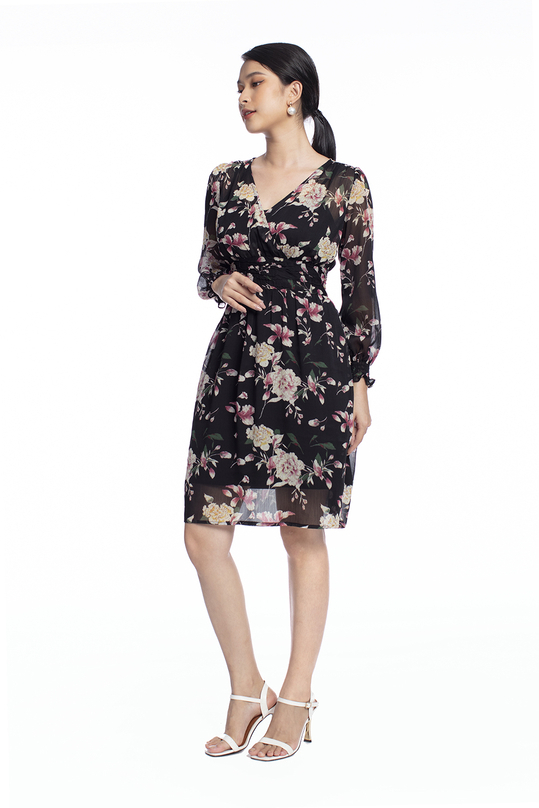 Đầm xòe tay dài họa tiết hoa HL16-06