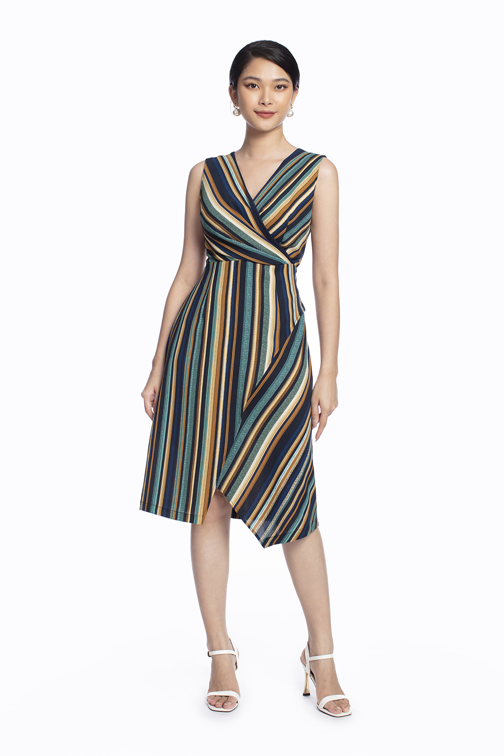 Đầm sát nách kẻ sọc tùng đắp chéo 