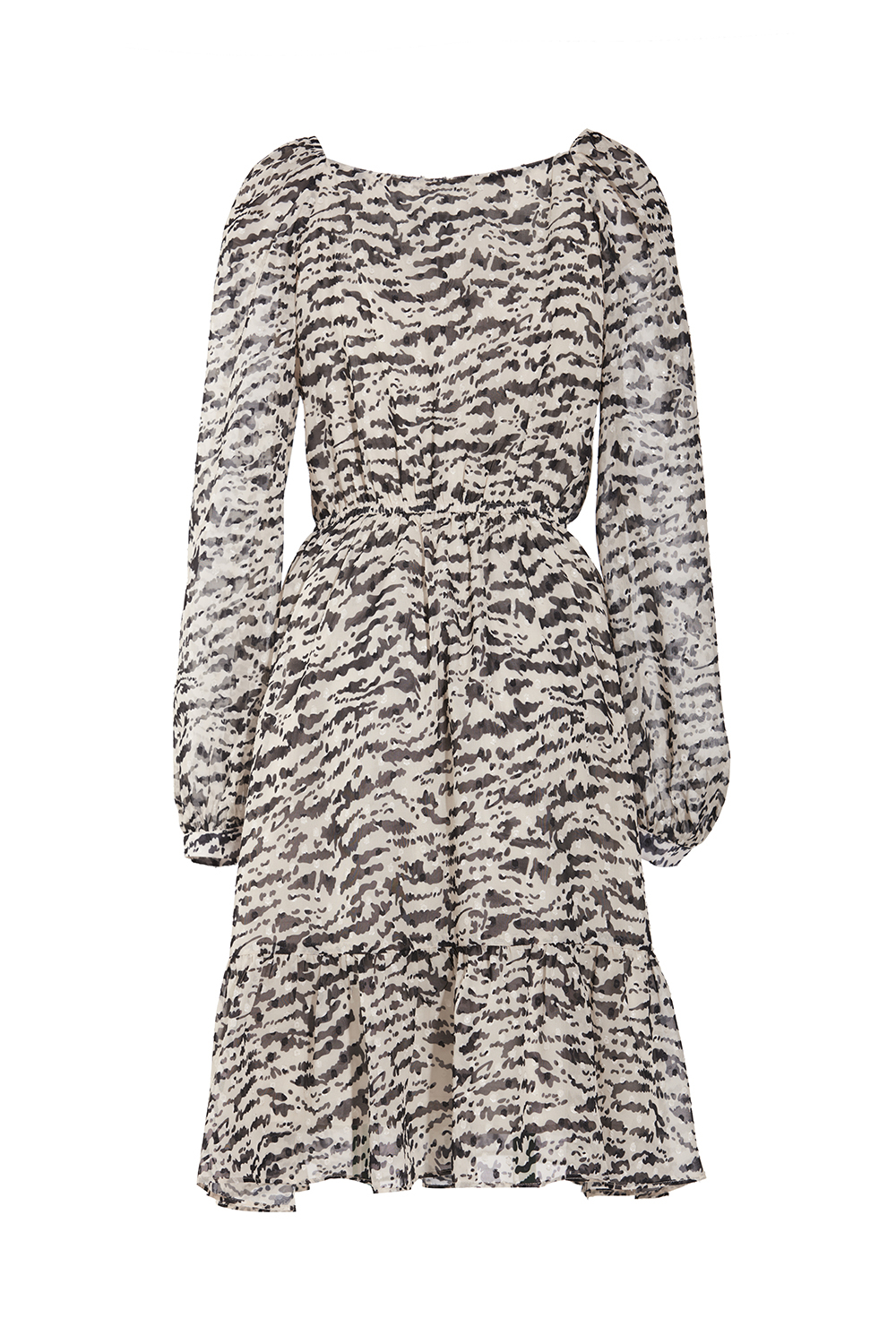 Đầm voan họa tiết dáng xòe tay dài 