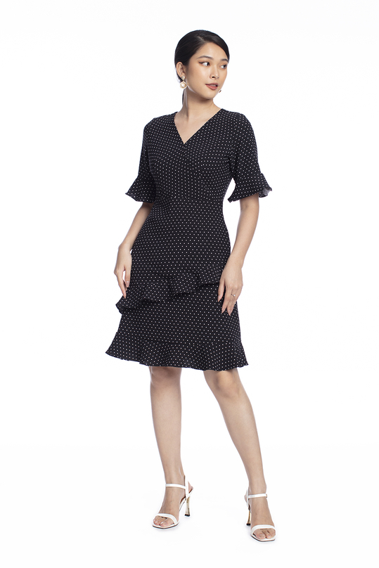 Đầm chữ A phối bèo họa tiết chấm bi KK106-24