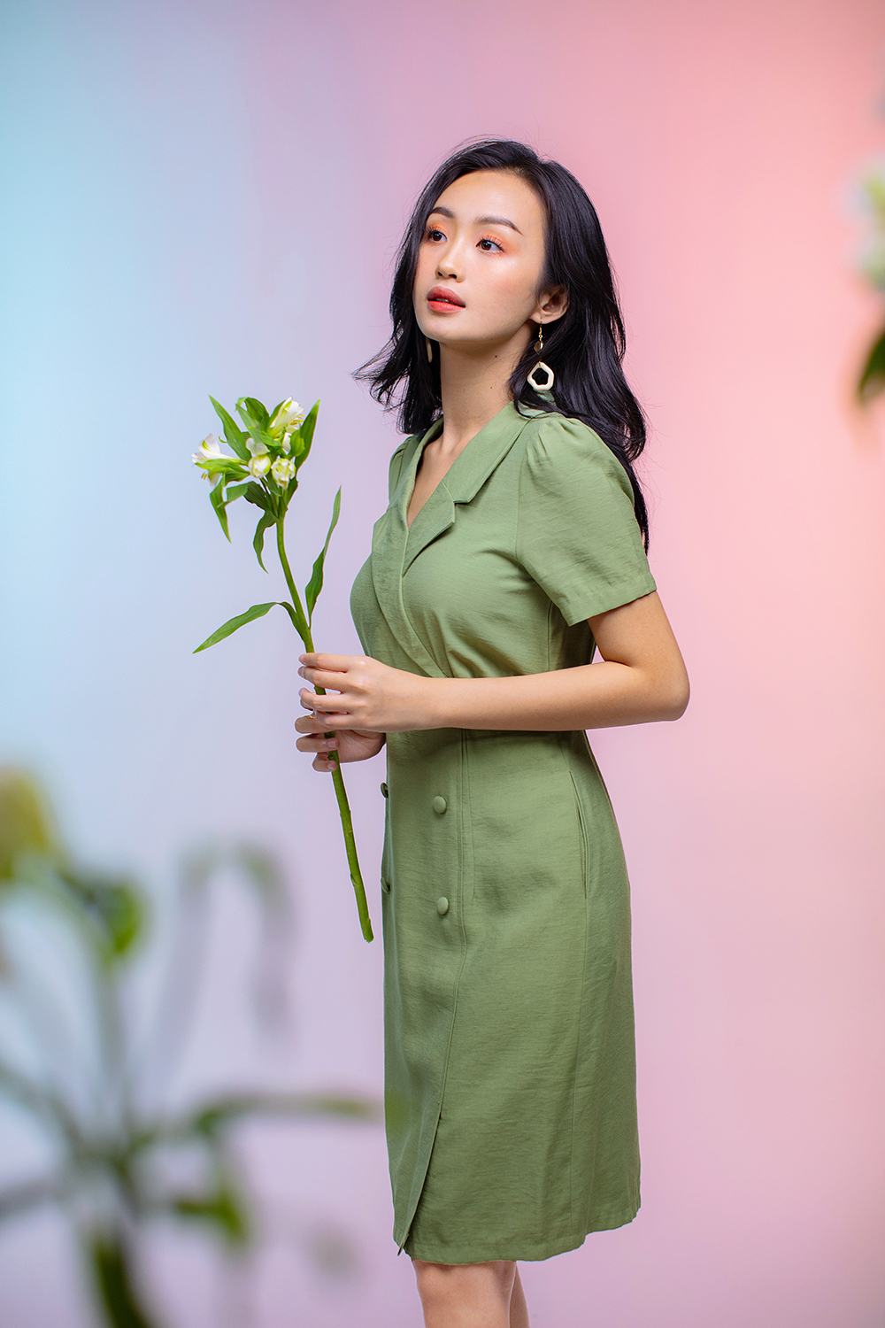 Đầm chữ A cổ đan tông đính nút 