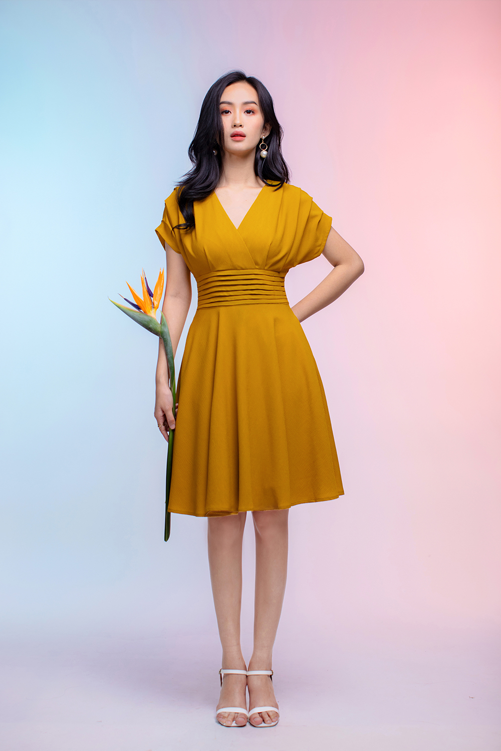 Đầm xòe cổ V eo xếp ly 