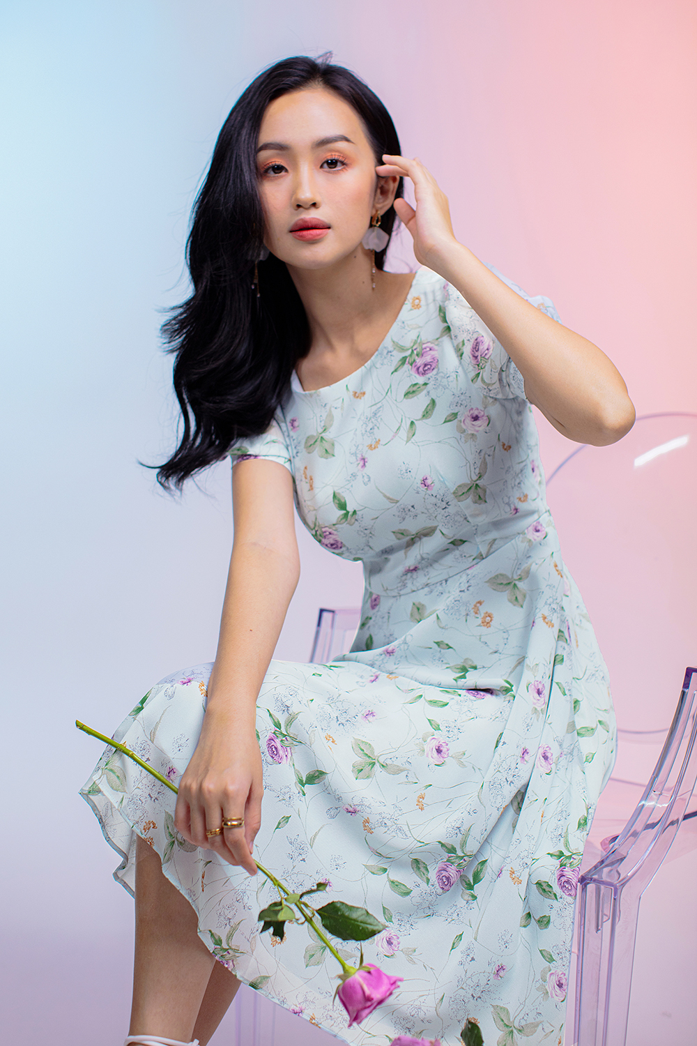 Đầm hoa dáng xòe tay ngắn 