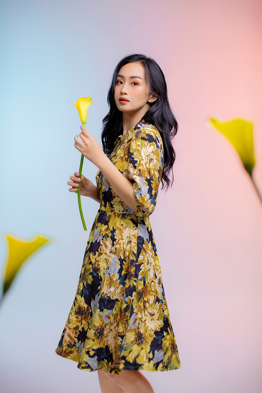 Đầm xòe hoa cổ sen tay lỡ 