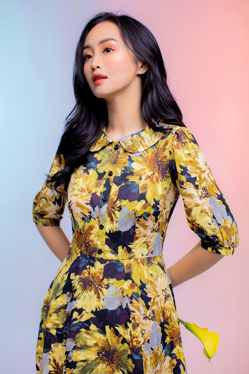 Đầm xòe hoa cổ sen tay lỡ 