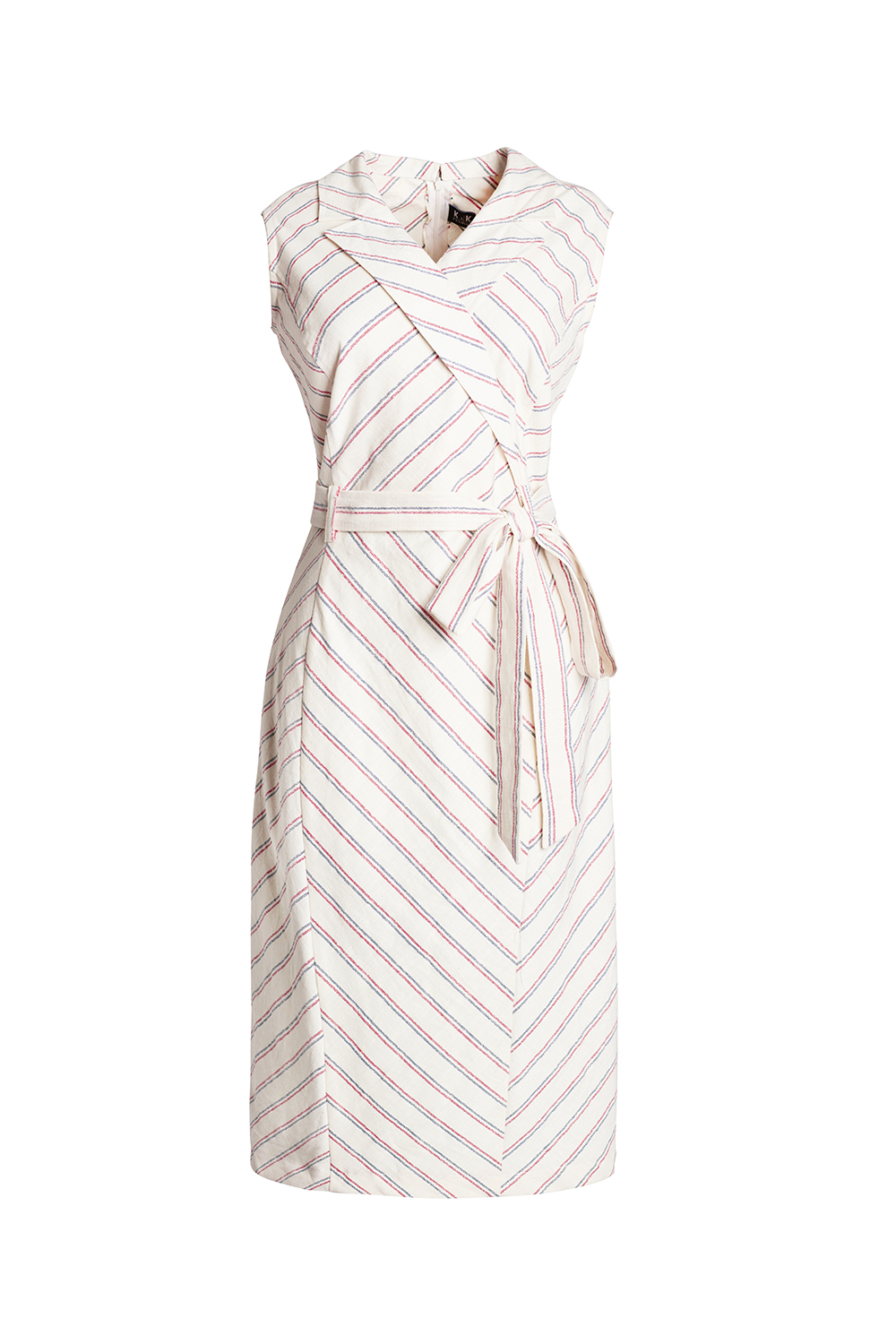 Đầm kẻ phối dây nơ eo cổ đan tông 